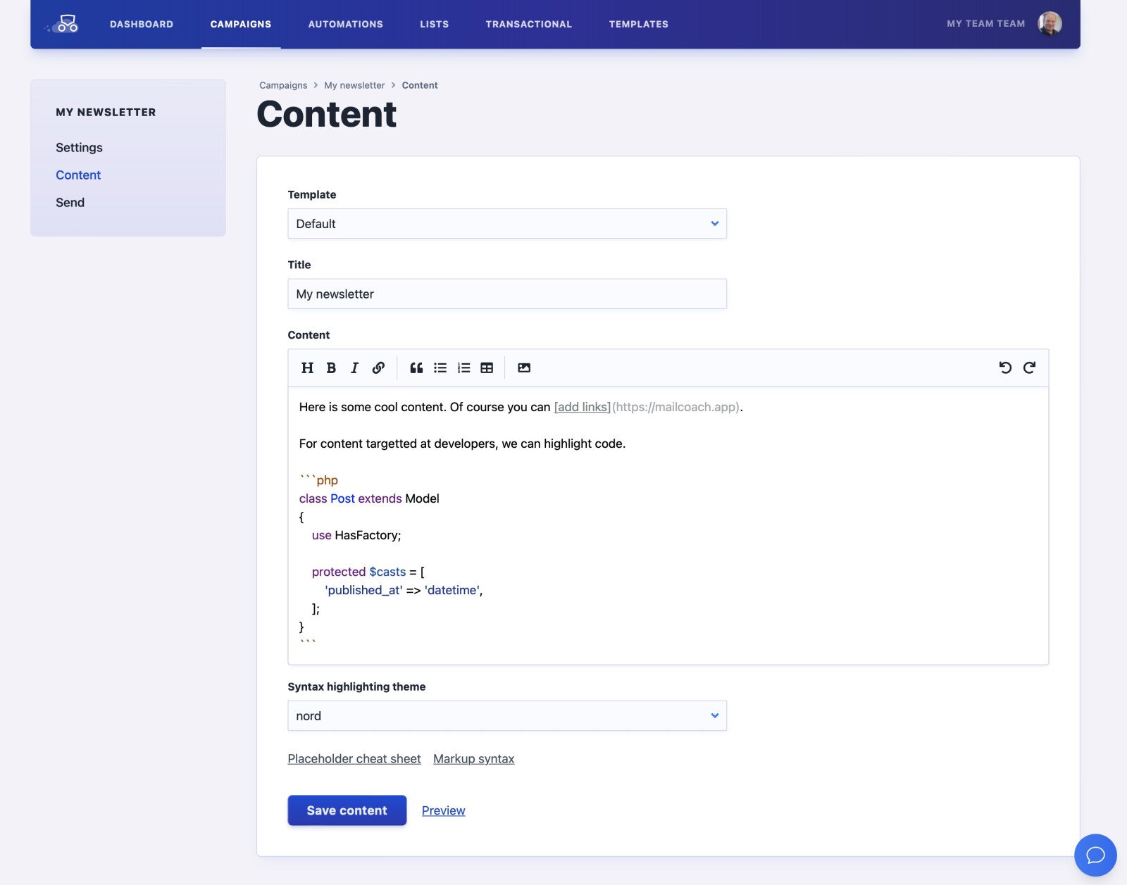 Setting up a new mailer - adding content screen