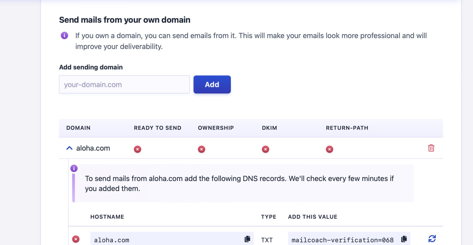 Email configuration screen - adding DNS records